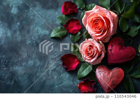 AI-generated content. Rose and Heart on background. Valentine festival concept. Generative AI 110543046