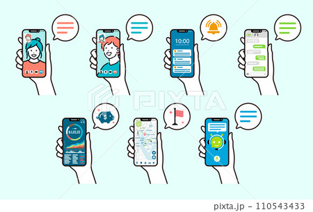 手持ちスマホ・スマートフォン ベクターイラストセット 手持ちスマホ・スマートフォン ベクターイラストセット 110543433