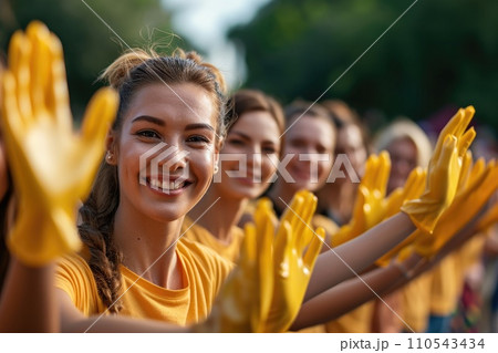 AI-generated content. Volunteering. Young people volunteers have activity at outdoors. Generative AI 110543434