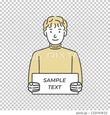 Man with perm hair holding a white rectangular board 110543610