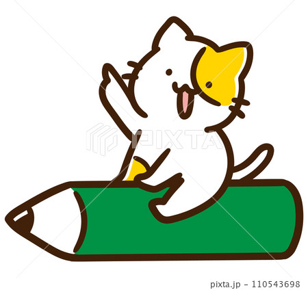 鉛筆の上に乗って上を指差すかわいいねこのキャラクターのデフォルメイラスト 鉛筆の上に乗って上を指差すかわいいねこのキャラクターのデフォルメイラスト 110543698