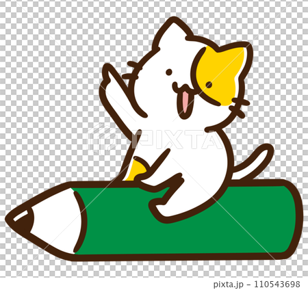 Deformed illustration of a cute cat character standing on a pencil and pointing upwards 110543698