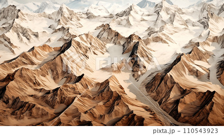 snow mountains bird eye view Outdoor landscape in Arctic, Polar region. Winter season, Europe Sepia color scheme Generative AI 110543923