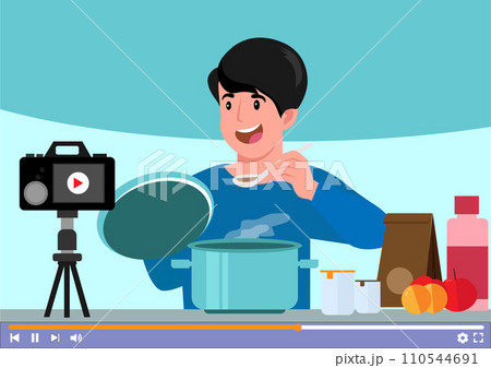 Live Streaming Online Cooking with chef in Class Learn to Cook Homemade Food and Variety of Dishes in Flat Cartoon Hand Drawn Template Illustration Live Streaming Online Cooking with chef in Class Learn to Cook Homemade Food and Variety of Dishes in Flat Cartoon Hand Drawn Template Illustration 110544691