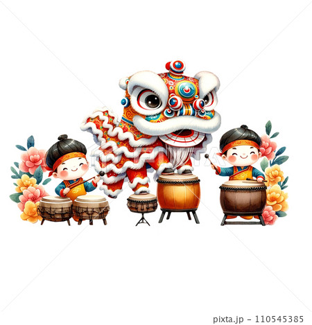 Watercolor clipart of Lion Dance Perform with Drummer boys. 110545385