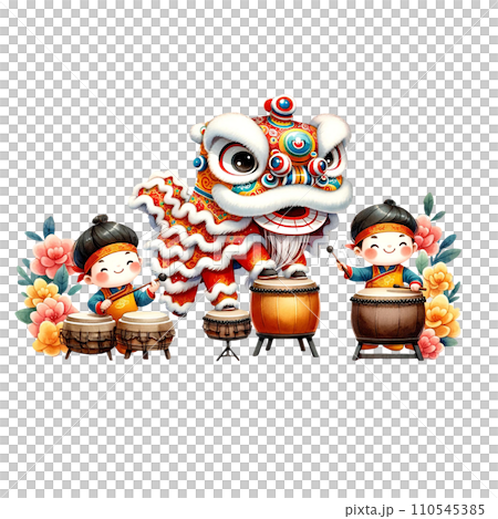 Watercolor clipart of Lion Dance Perform with Drummer boys. 110545385