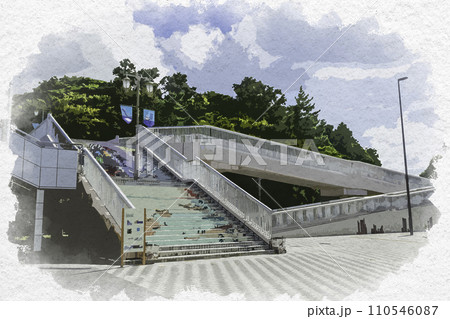 水彩画風　三国湊　えちぜん鉄道三国駅　跨線橋　福井県坂井市 110546087
