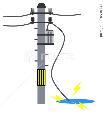 高圧な電気が流れている電柱からケーブルが破損して漏電しているイラスト 110546131