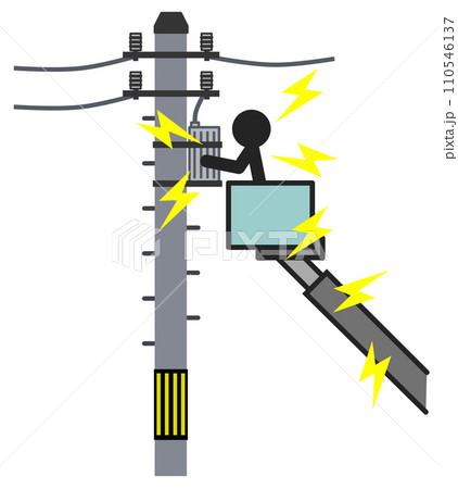高圧な電気が流れている電柱からケーブルが破損して漏電しているイラスト 110546137