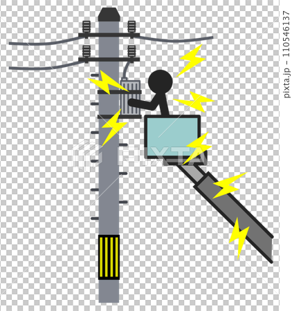高圧な電気が流れている電柱からケーブルが破損して漏電しているイラスト 110546137