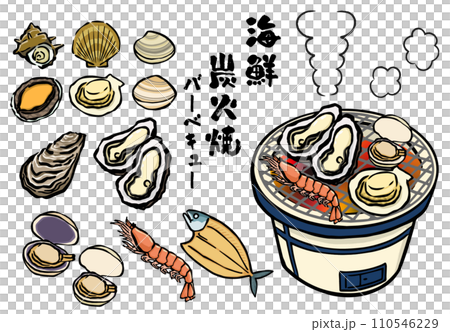 Set of illustrations of seafood barbecue, charcoal grilling, and beach grilling 110546229