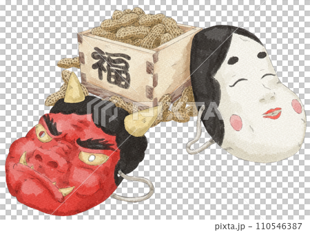 Illustration of Setsubun masks and peanuts (watercolor style) 110546387