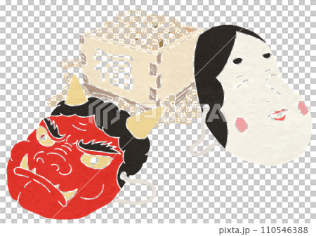 Illustration of Setsubun masks and peanuts (print style) 110546388