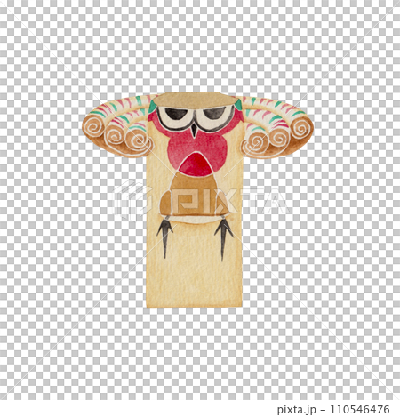 Lie replacement, Dazaifu's tree, Japanese local toy, folk art, traditional craft, watercolor illustration 110546476