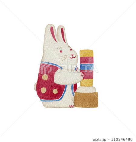 佐原張子　餅つきウサギ　日本の郷土玩具　民芸品　伝統工芸　水彩 イラスト 110546496