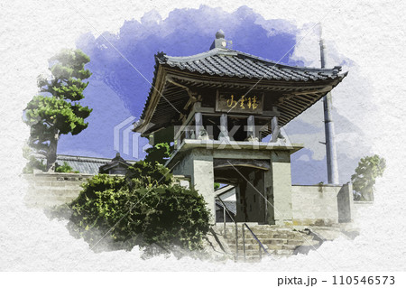 水彩画風 三国湊 金鳳寺 山門 福井県坂井市 水彩画風 三国湊 金鳳寺 山門 福井県坂井市 110546573