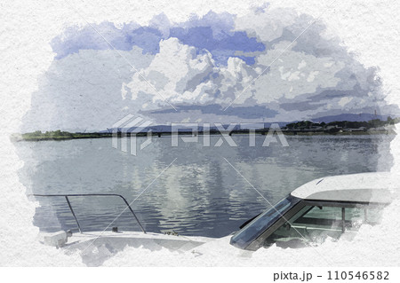 水彩画風 三国湊 九頭竜川 新保橋 福井県坂井市 水彩画風 三国湊 九頭竜川 新保橋 福井県坂井市 110546582
