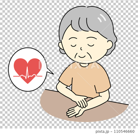 手首で脈を測るおばあさんと心電図波形のイラスト 手首で脈を測るおばあさんと心電図波形のイラスト 110546660