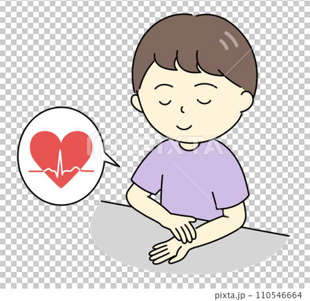 手首で脈をはかる若い男性と心電図波形のイラスト 110546664