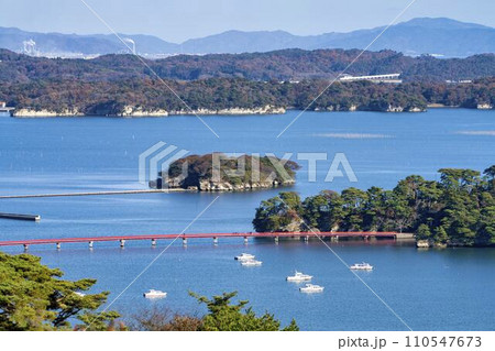 秋の日本三景松島 西行戻しの松公園からの俯瞰 宮城県松島町 秋の日本三景松島 西行戻しの松公園からの俯瞰 宮城県松島町 110547673