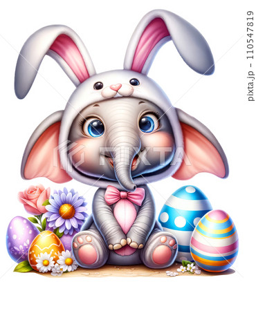 Cute Elephant in Easter Bunny Costume with Easter Eggs and Flowers Watercolor Clipart on Transparent Background. Happy Easter Clipart. Cute Elephant in Easter Bunny Costume with Easter Eggs and Flowers Watercolor Clipart on Transparent Background. Happy Easter Clipart. 110547819