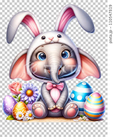 Cute Elephant in Easter Bunny Costume with Easter Eggs and Flowers Watercolor Clipart on Transparent Background. Happy Easter Clipart. Cute Elephant in Easter Bunny Costume with Easter Eggs and Flowers Watercolor Clipart on Transparent Background. Happy Easter Clipart. 110547819