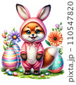 Cute Fox in Easter Bunny Costume with Easter Eggs and Flowers Watercolor Clipart on Transparent Background. Happy Easter Clipart. 110547820