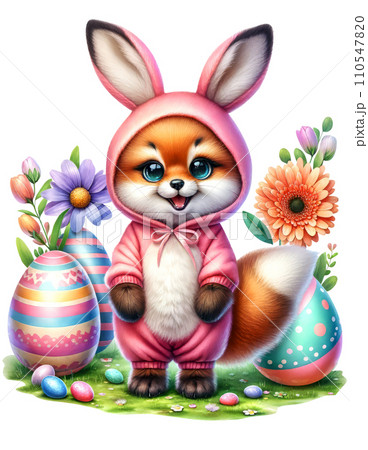 Cute Fox in Easter Bunny Costume with Easter Eggs and Flowers Watercolor Clipart on Transparent Background. Happy Easter Clipart. Cute Fox in Easter Bunny Costume with Easter Eggs and Flowers Watercolor Clipart on Transparent Background. Happy Easter Clipart. 110547820