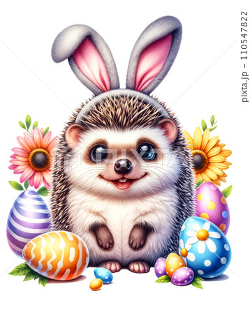 Cute Hedgehog in Easter Bunny Costume with Easter Eggs and Flowers Watercolor Clipart on Transparent Background. Happy Easter Clipart. Cute Hedgehog in Easter Bunny Costume with Easter Eggs and Flowers Watercolor Clipart on Transparent Background. Happy Easter Clipart. 110547822