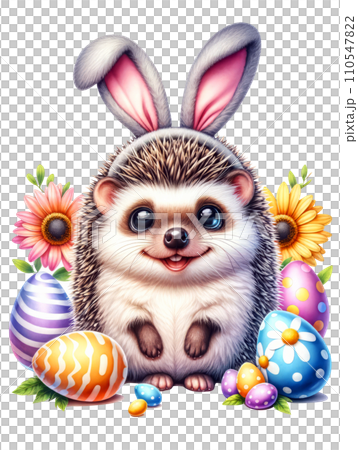Cute Hedgehog in Easter Bunny Costume with Easter Eggs and Flowers Watercolor Clipart on Transparent Background. Happy Easter Clipart. Cute Hedgehog in Easter Bunny Costume with Easter Eggs and Flowers Watercolor Clipart on Transparent Background. Happy Easter Clipart. 110547822