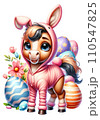 Cute Horse in Easter Bunny Costume with Easter Eggs and Flowers Watercolor Clipart on Transparent Background. Happy Easter Clipart. 110547825