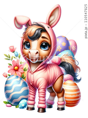 Cute Horse in Easter Bunny Costume with Easter Eggs and Flowers Watercolor Clipart on Transparent Background. Happy Easter Clipart. 110547825