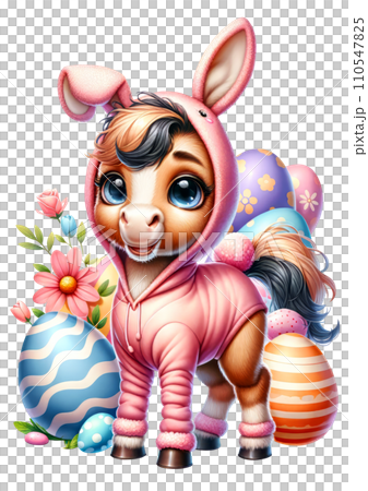 Cute Horse in Easter Bunny Costume with Easter Eggs and Flowers Watercolor Clipart on Transparent Background. Happy Easter Clipart. 110547825