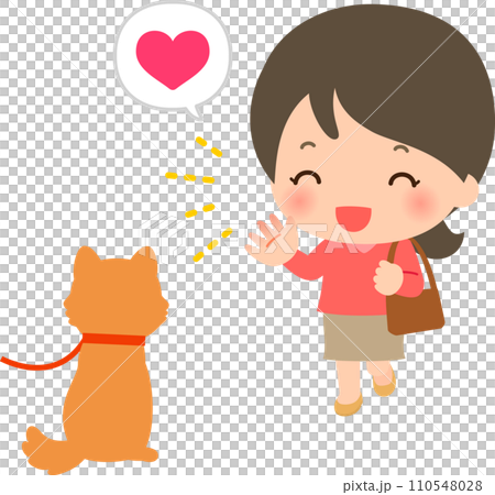 A woman who smiles when she sees a dog on a walk, a dog lover 110548028