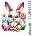 Cute Easter Bunny with Easter Eggs and Flowers Watercolor Clipart on Transparent Background. Happy Easter Clipart. 110548451