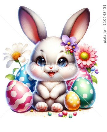 Cute Easter Bunny with Easter Eggs and Flowers Watercolor Clipart on Transparent Background. Happy Easter Clipart. Cute Easter Bunny with Easter Eggs and Flowers Watercolor Clipart on Transparent Background. Happy Easter Clipart. 110548451