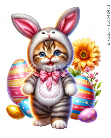 Cute Cat in Easter Bunny Costume with Easter Eggs and Flowers Watercolor Clipart on Transparent Background. Happy Easter Clipart. 110548453