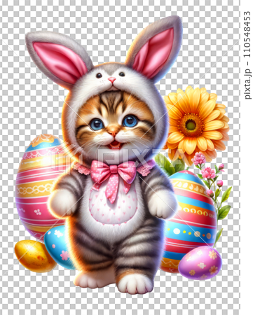 Cute Cat in Easter Bunny Costume with Easter Eggs and Flowers Watercolor Clipart on Transparent Background. Happy Easter Clipart. 110548453