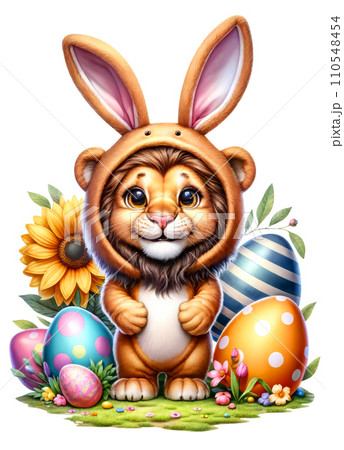Cute Lion in Easter Bunny Costume with Easter Eggs and Flowers Watercolor Clipart on Transparent Background. Happy Easter Clipart. 110548454