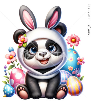 Cute Panda in Easter Bunny Costume with Easter Eggs and Flowers Watercolor Clipart on Transparent Background. Happy Easter Clipart. 110548456