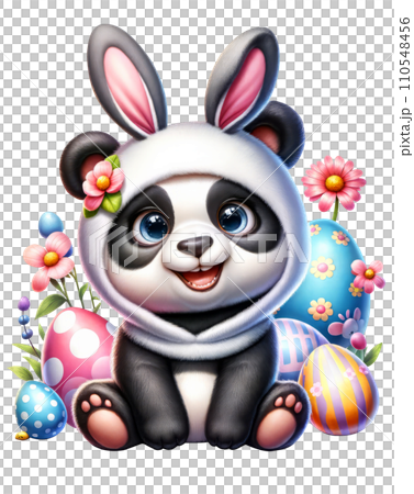 Cute Panda in Easter Bunny Costume with Easter Eggs and Flowers Watercolor Clipart on Transparent Background. Happy Easter Clipart. 110548456