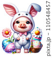 Cute Pig in Easter Bunny Costume with Easter Eggs and Flowers Watercolor Clipart on Transparent Background. Happy Easter Clipart. 110548457
