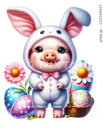 Cute Pig in Easter Bunny Costume with Easter Eggs and Flowers Watercolor Clipart on Transparent Background. Happy Easter Clipart. 110548457