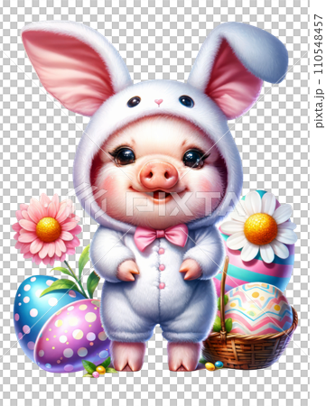Cute Pig in Easter Bunny Costume with Easter Eggs and Flowers Watercolor Clipart on Transparent Background. Happy Easter Clipart. 110548457