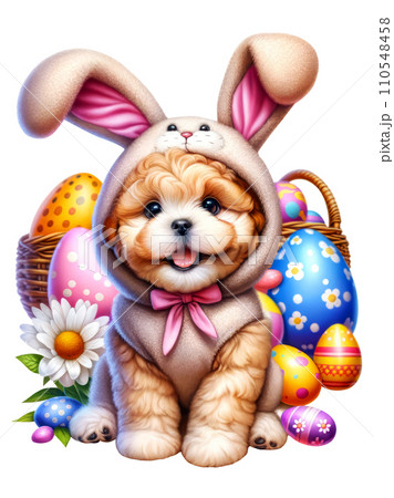 Cute Dog in Easter Bunny Costume with Easter Eggs and Flowers Watercolor Clipart on Transparent Background. Happy Easter Clipart. Cute Dog in Easter Bunny Costume with Easter Eggs and Flowers Watercolor Clipart on Transparent Background. Happy Easter Clipart. 110548458
