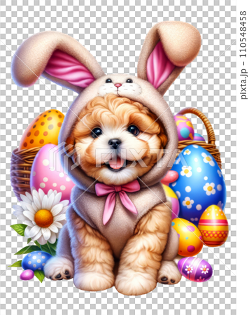 Cute Dog in Easter Bunny Costume with Easter Eggs and Flowers Watercolor Clipart on Transparent Background. Happy Easter Clipart. Cute Dog in Easter Bunny Costume with Easter Eggs and Flowers Watercolor Clipart on Transparent Background. Happy Easter Clipart. 110548458