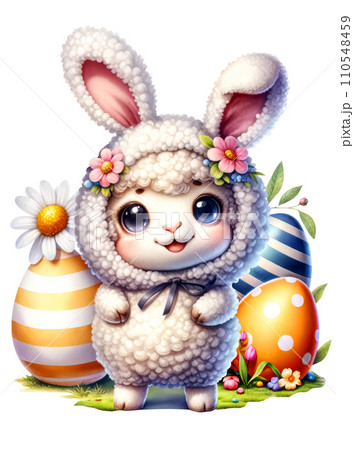 Cute Sheep in Easter Bunny Costume with Easter Eggs and Flowers Watercolor Clipart on Transparent Background. Happy Easter Clipart. 110548459