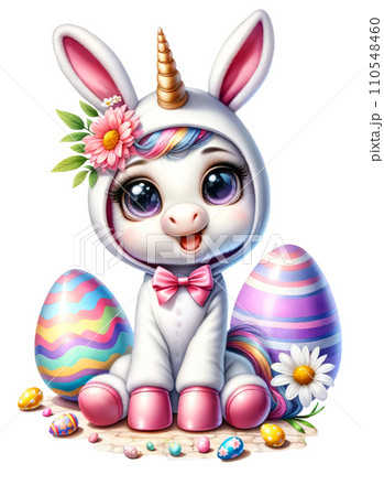 Cute Unicorn in Easter Bunny Costume with Easter Eggs and Flowers Watercolor Clipart on Transparent Background. Happy Easter Clipart. Cute Unicorn in Easter Bunny Costume with Easter Eggs and Flowers Watercolor Clipart on Transparent Background. Happy Easter Clipart. 110548460