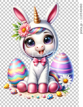Cute Unicorn in Easter Bunny Costume with Easter Eggs and Flowers Watercolor Clipart on Transparent Background. Happy Easter Clipart. Cute Unicorn in Easter Bunny Costume with Easter Eggs and Flowers Watercolor Clipart on Transparent Background. Happy Easter Clipart. 110548460