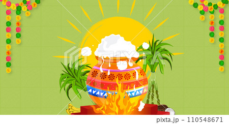 Vector illustration of beautiful colorful happy Pongal festival background. Vector illustration of beautiful colorful happy Pongal festival background. 110548671